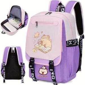 Backpack Adjustable Strap Versatile Travel School Bag Kid Unisex Capybara Purple